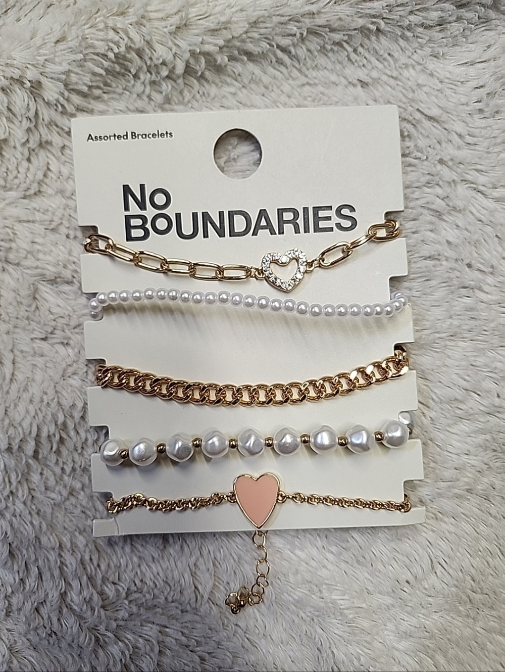 • No Boundaries Pink Heart with Metal & Faux Pearl Beaded Stretch Bracelet Set